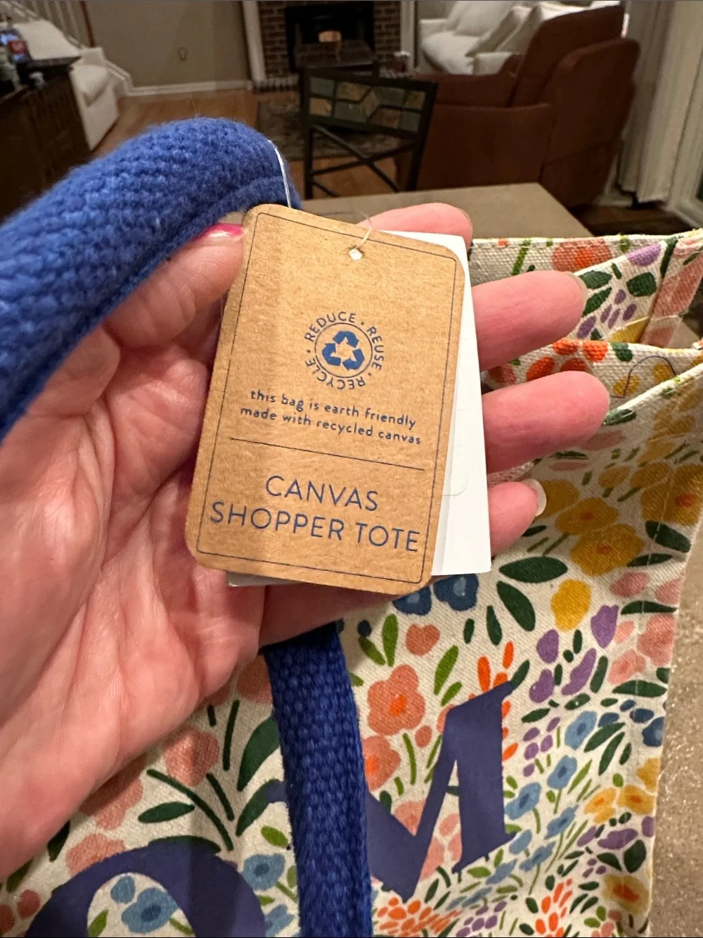 Eccolo Floral Canvas Tote Bag with Navy 'MOM' Text